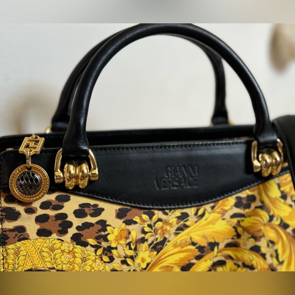 *RARE VINTAGE GIANNI VERSACE* 2-Way Canvas & Leather Baroque Gold LUXURY Handbag - Picture 6 of 16